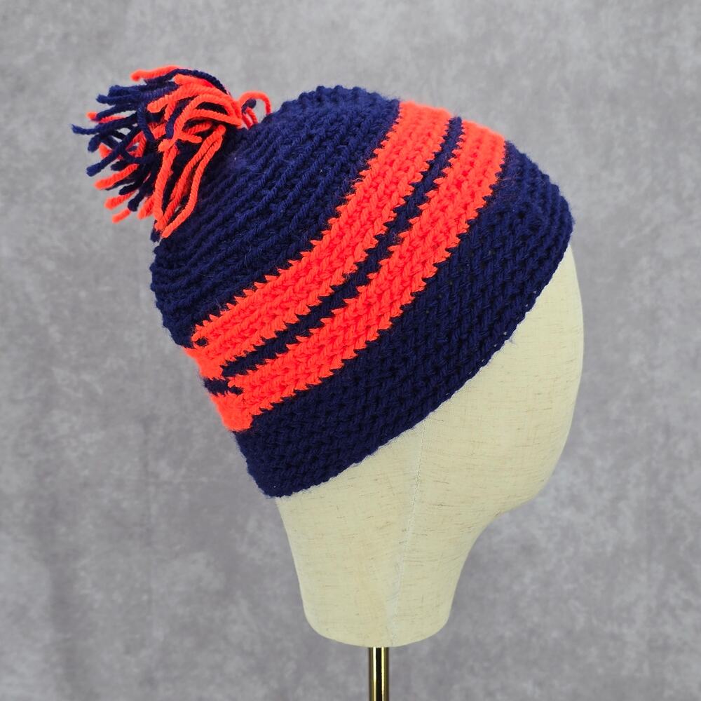 Blue‎ Orange Stripe Pom Pom Crochet Knit Bucket Cap Hat Fun VTG Y2K Funky Beanie